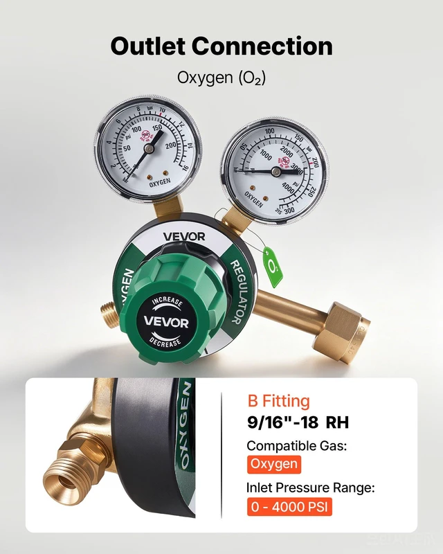 Alt view image 3 of 8 - VEVOR Oxygen Regulator, Precise Oxy Regulator, 0-4000PSI Welding Gas Gauge with CGA-540 Inlet Connection & 9/16"-18 RH Outlet Connection, PC Knob Adjustment