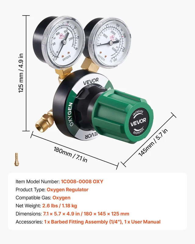 Alt view image 6 of 8 - VEVOR Oxygen Regulator, Precise Oxy Regulator, 0-4000PSI Welding Gas Gauge with CGA-540 Inlet Connection & 9/16"-18 RH Outlet Connection, PC Knob Adjustment