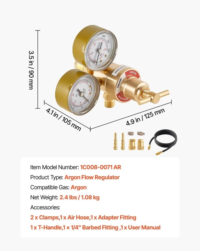 Alt view image 7 of 8 - VEVOR Argon Regulator Gauge, Argon CO2 Regulator Welding Gas Gauges for TIG/MIG Welding - with 8.2FT Rubber Hoses, 0-60 SCFH, 0-4000 PSI Inlet Pressure, CGA580 Inlet Connection