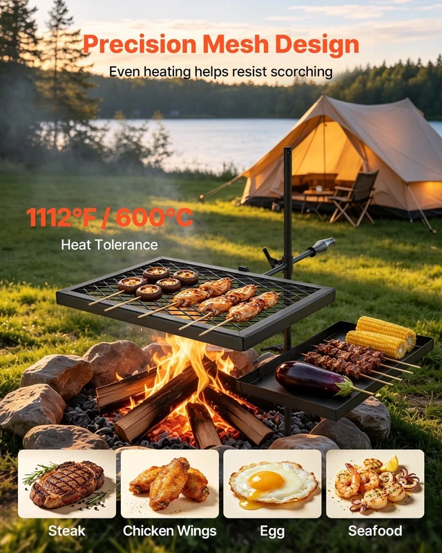 Alt view image 4 of 8 - VEVOR Heavy Duty Swivel Campfire Grill, Double Layer Portable Camping Grill Grate & Griddle, Sturdy Steel BBQ Mesh, 360° Height Adjustable Over Fire Pit, for Outdoor Open Flame Cooking, Black