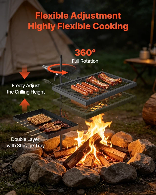 Alt view image 5 of 8 - VEVOR Heavy Duty Swivel Campfire Grill, Double Layer Portable Camping Grill Grate & Griddle, Sturdy Steel BBQ Mesh, 360° Height Adjustable Over Fire Pit, for Outdoor Open Flame Cooking, Black
