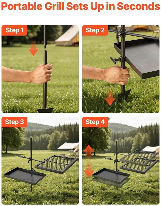 Alt view image 6 of 8 - VEVOR Heavy Duty Swivel Campfire Grill, Double Layer Portable Camping Grill Grate & Griddle, Sturdy Steel BBQ Mesh, 360° Height Adjustable Over Fire Pit, for Outdoor Open Flame Cooking, Black