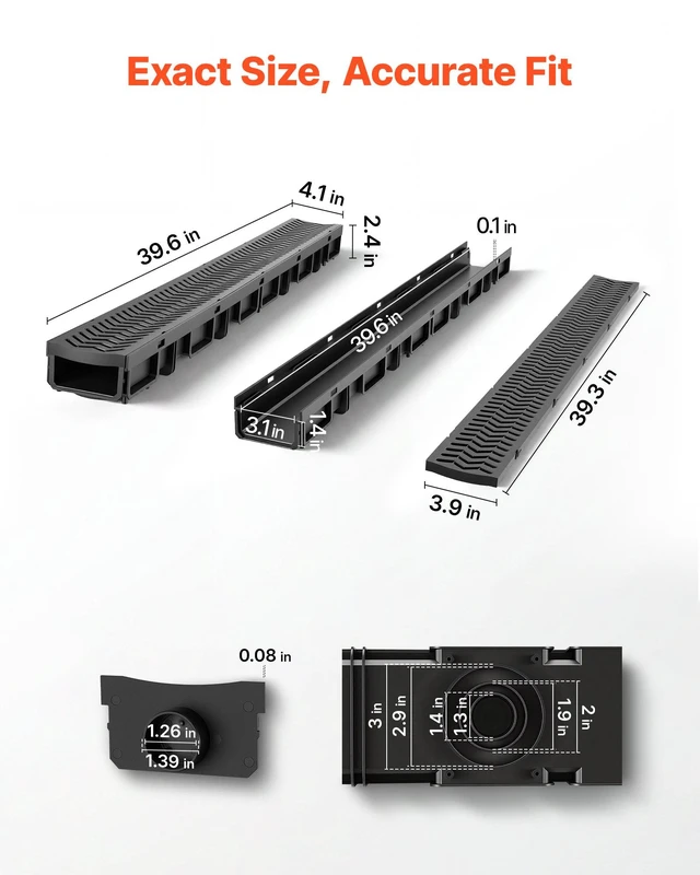 Alt view image 2 of 8 - VEVOR Trench Drain, 39.6 x 4.1 x 2.4 in, 5 Pack Linear Drainage Channel, HDPE Channel Drain with Grates & End Caps, Premium Outdoor Drainage System for Driveway, Patio, Pool, Garden, Yard, Black
