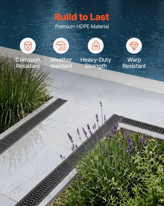 Alt view image 4 of 8 - VEVOR Trench Drain, 39.6 x 4.1 x 2.4 in, 5 Pack Linear Drainage Channel, HDPE Channel Drain with Grates & End Caps, Premium Outdoor Drainage System for Driveway, Patio, Pool, Garden, Yard, Black