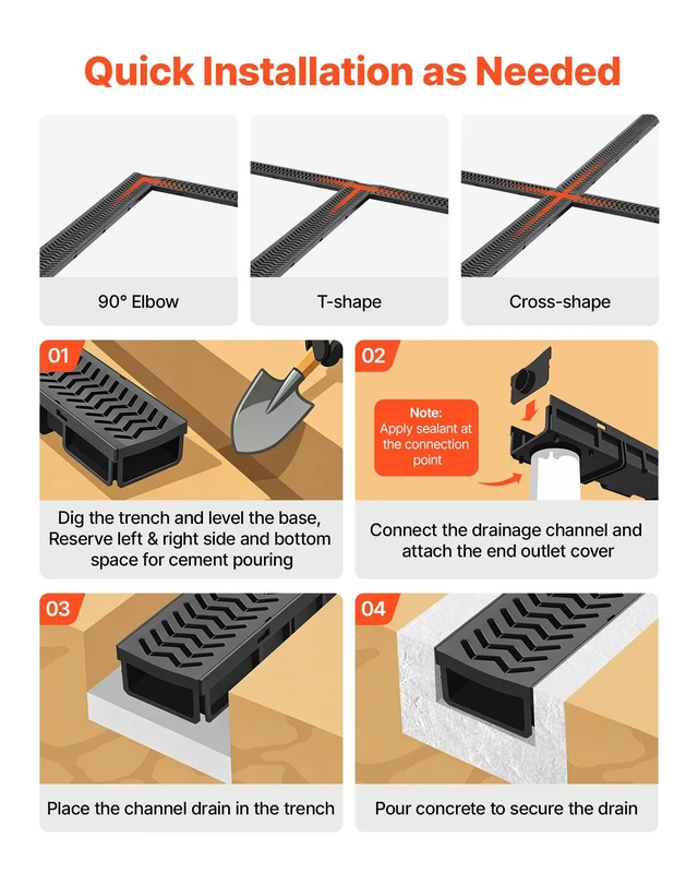 Alt view image 6 of 8 - VEVOR Trench Drain, 39.6 x 4.1 x 2.4 in, 5 Pack Linear Drainage Channel, HDPE Channel Drain with Grates & End Caps, Premium Outdoor Drainage System for Driveway, Patio, Pool, Garden, Yard, Black