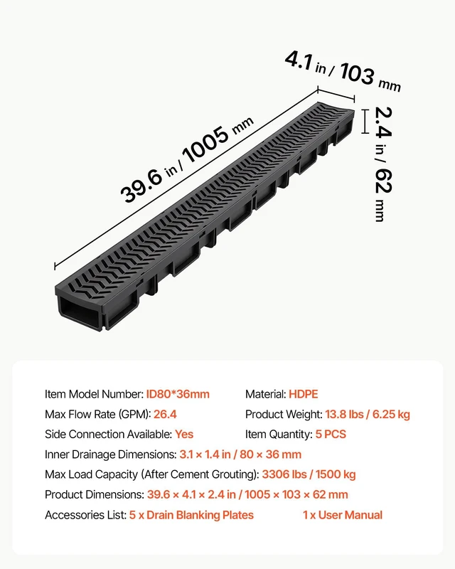 Alt view image 7 of 8 - VEVOR Trench Drain, 39.6 x 4.1 x 2.4 in, 5 Pack Linear Drainage Channel, HDPE Channel Drain with Grates & End Caps, Premium Outdoor Drainage System for Driveway, Patio, Pool, Garden, Yard, Black