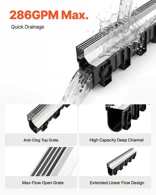 Alt view image 3 of 8 - VEVOR Trench Drain, 39.7 x 5.8 x 7.4 in, 3 Pack Linear Drainage Channel with Stainless Steel Grate, HDPE Channel Drain, Outdoor Drainage System for Driveway, Patio, Pool, Garden, Black & Silver