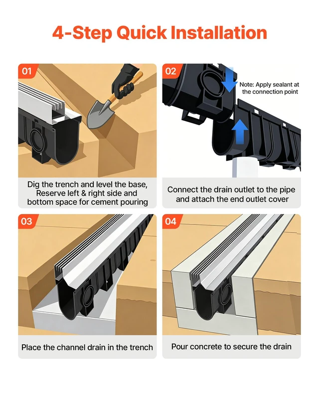 Alt view image 6 of 8 - VEVOR Trench Drain, 39.7 x 5.8 x 7.4 in, 3 Pack Linear Drainage Channel with Stainless Steel Grate, HDPE Channel Drain, Outdoor Drainage System for Driveway, Patio, Pool, Garden, Black & Silver
