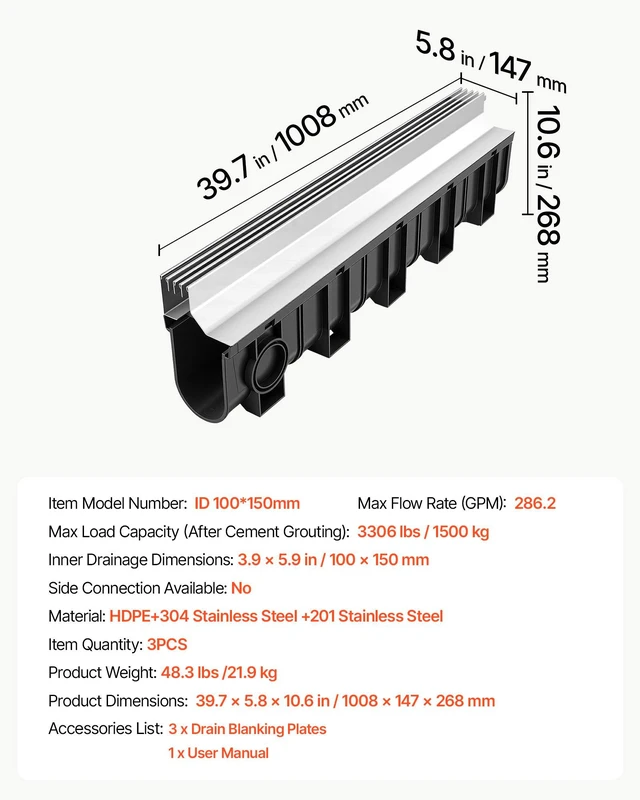 Alt view image 7 of 8 - VEVOR Trench Drain, 39.7 x 5.8 x 7.4 in, 3 Pack Linear Drainage Channel with Stainless Steel Grate, HDPE Channel Drain, Outdoor Drainage System for Driveway, Patio, Pool, Garden, Black & Silver