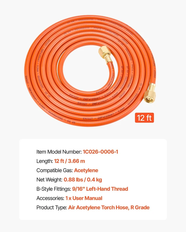 Alt view image 7 of 8 - VEVOR Air Acetylene Torch Hose, 1/8-Inch x 12FT Acetylene Welding Hose with 9/16" LH B-Type Fittings, AH-12 R Grade Welding Torch Hoses Compatible with AR-B/AR-MC Regulators