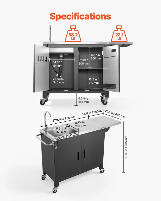Alt view image 2 of 8 - VEVOR Outdoor Grill Cart with Sink and Storage Cabinet, 52 Inch Grill Table, Waterproof Kitchen Island with Stainless Steel Top, Spice Rack, Wheel, Movable Food Prep Station for Patio Bar Backyard BBQ