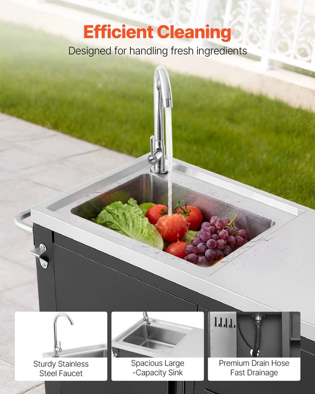 Alt view image 4 of 8 - VEVOR Outdoor Grill Cart with Sink and Storage Cabinet, 52 Inch Grill Table, Waterproof Kitchen Island with Stainless Steel Top, Spice Rack, Wheel, Movable Food Prep Station for Patio Bar Backyard BBQ