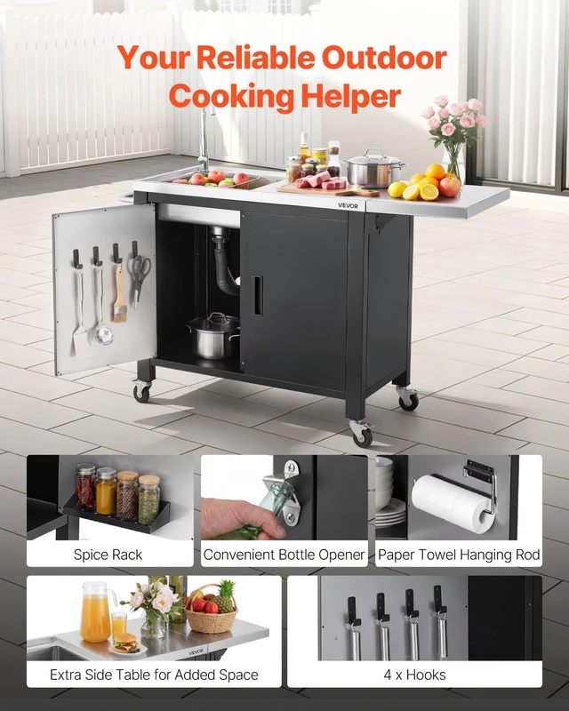 Alt view image 5 of 8 - VEVOR Outdoor Grill Cart with Sink and Storage Cabinet, 52 Inch Grill Table, Waterproof Kitchen Island with Stainless Steel Top, Spice Rack, Wheel, Movable Food Prep Station for Patio Bar Backyard BBQ