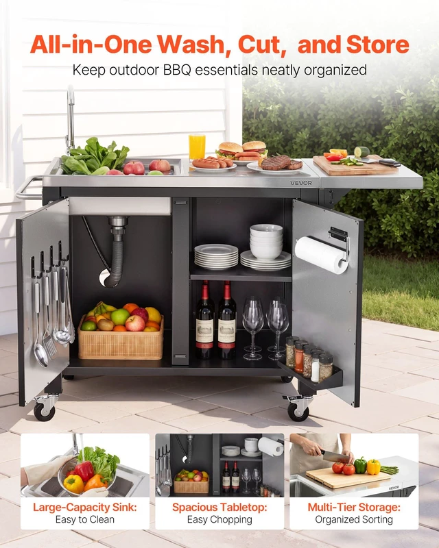 Alt view image 3 of 8 - VEVOR Outdoor Grill Cart with Sink and Storage Cabinet, 52 Inch Grill Table, Waterproof Kitchen Island with Stainless Steel Top, Spice Rack, Wheel, Movable Food Prep Station for Patio Bar Backyard BBQ