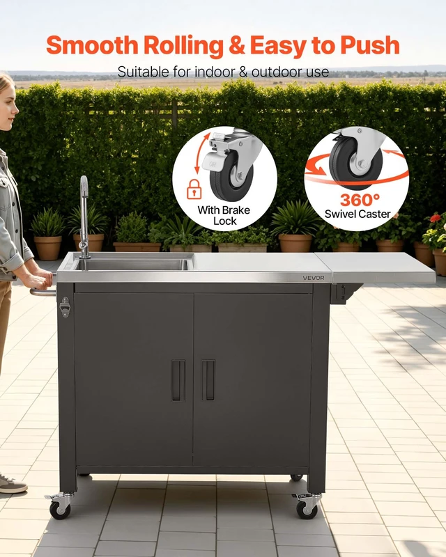 Alt view image 6 of 8 - VEVOR Outdoor Grill Cart with Sink and Storage Cabinet, 52 Inch Grill Table, Waterproof Kitchen Island with Stainless Steel Top, Spice Rack, Wheel, Movable Food Prep Station for Patio Bar Backyard BBQ