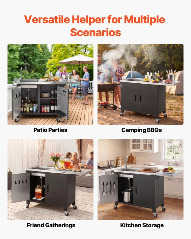 Alt view image 7 of 8 - VEVOR Outdoor Grill Cart with Sink and Storage Cabinet, 52 Inch Grill Table, Waterproof Kitchen Island with Stainless Steel Top, Spice Rack, Wheel, Movable Food Prep Station for Patio Bar Backyard BBQ