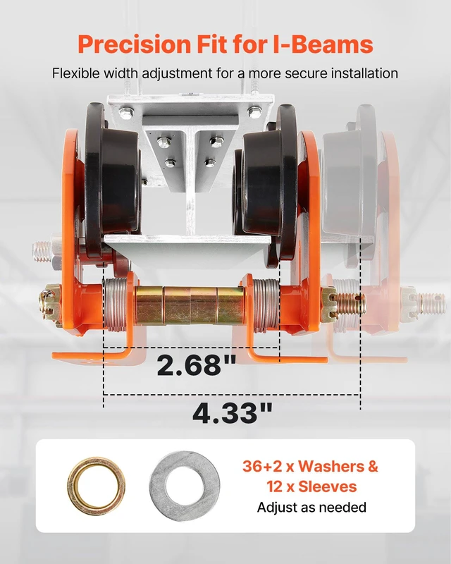 Alt view image 2 of 8 - VEVOR Electric Hoist Manual Trolley, 1100 lbs/0.5 Ton Load for PA200 PA250 PA300 PA400 PA500, Push Beam Trolley with Dual Wheels, 2.68"-4.33" Adjustable Beam Flange Width for Straight & Curved I-Beam