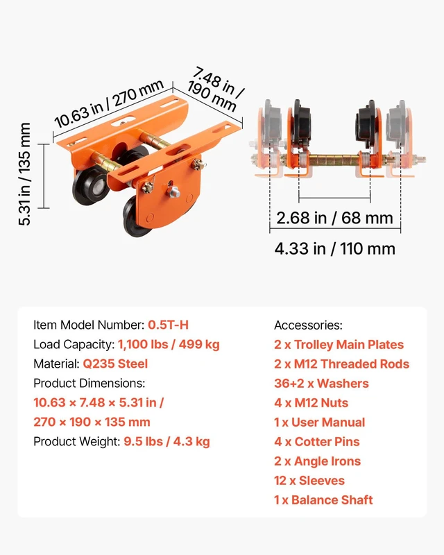 Alt view image 7 of 8 - VEVOR Electric Hoist Manual Trolley, 1100 lbs/0.5 Ton Load for PA200 PA250 PA300 PA400 PA500, Push Beam Trolley with Dual Wheels, 2.68"-4.33" Adjustable Beam Flange Width for Straight & Curved I-Beam