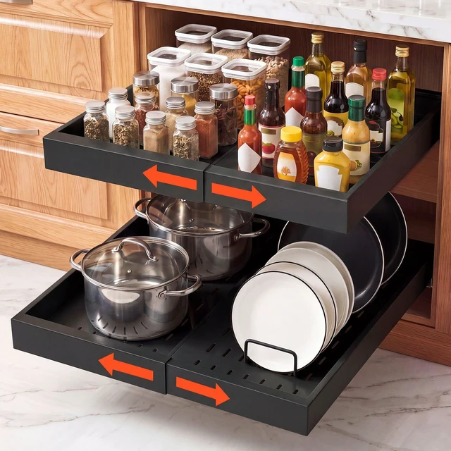 Main image of VEVOR Pull Out Cabinet Organizer, 2 Pack Expandable Width (12.2"-18.9"), 20.47" Deep Pull Out Drawers for Cabinets, Sliding Drawer for Kitchen Pantry Cabinet Organizer with Nano Adhesive Strips, Black