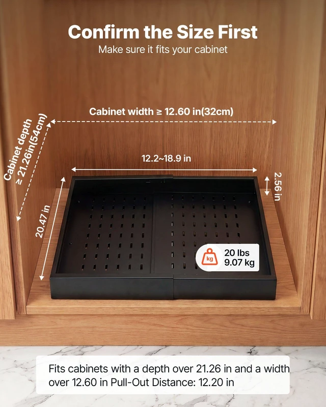 Alt view image 2 of 8 - VEVOR Pull Out Cabinet Organizer, 2 Pack Expandable Width (12.2"-18.9"), 20.47" Deep Pull Out Drawers for Cabinets, Sliding Drawer for Kitchen Pantry Cabinet Organizer with Nano Adhesive Strips, Black