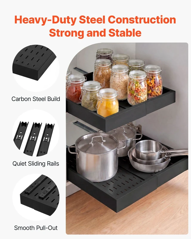 Alt view image 4 of 8 - VEVOR Pull Out Cabinet Organizer, 2 Pack Expandable Width (12.2"-18.9"), 20.47" Deep Pull Out Drawers for Cabinets, Sliding Drawer for Kitchen Pantry Cabinet Organizer with Nano Adhesive Strips, Black