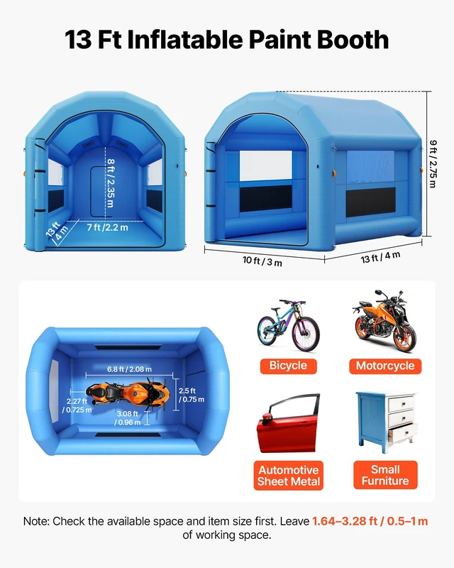 Alt view image 2 of 8 - VEVOR Inflatable Paint Booth, 13 x 10 x 9 ft, Portable Spray Booth with 750W Powerful Blower and Large Filter Cotton, Arched Roof Blow Up Painting Tent for Bike, Motorcycle, and Furniture, Blue