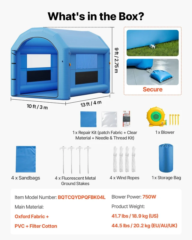 Alt view image 7 of 8 - VEVOR Inflatable Paint Booth, 13 x 10 x 9 ft, Portable Spray Booth with 750W Powerful Blower and Large Filter Cotton, Arched Roof Blow Up Painting Tent for Bike, Motorcycle, and Furniture, Blue