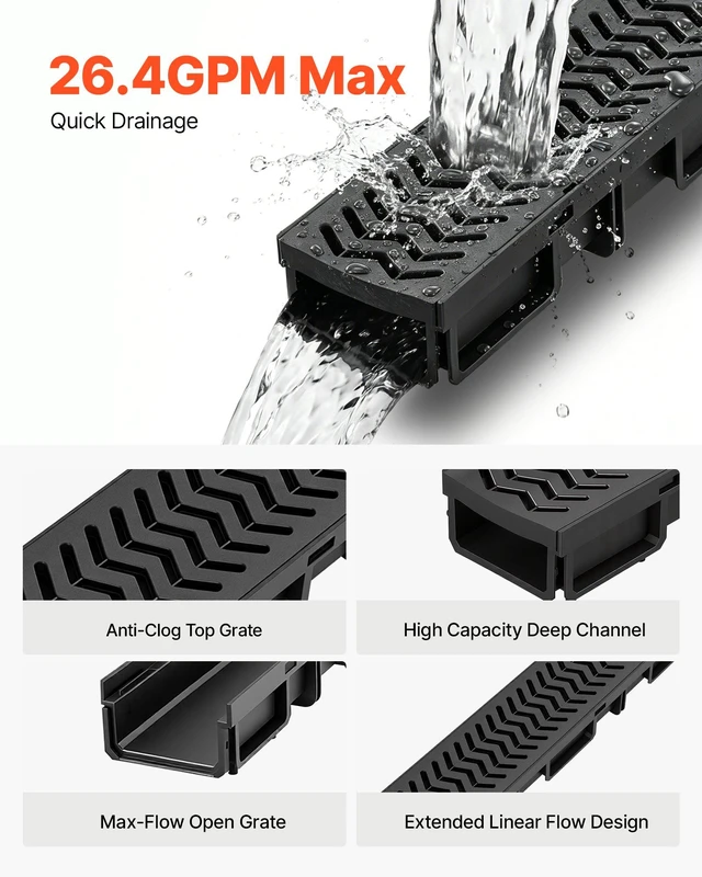 Alt view image 3 of 8 - VEVOR Trench Drain, 39.6 x 4.1 x 2.4 in, 5 Pack Linear Drainage Channel, HDPE Channel Drain with Grates & End Caps, Premium Outdoor Drainage System for Driveway, Patio, Pool, Garden, Yard, Black