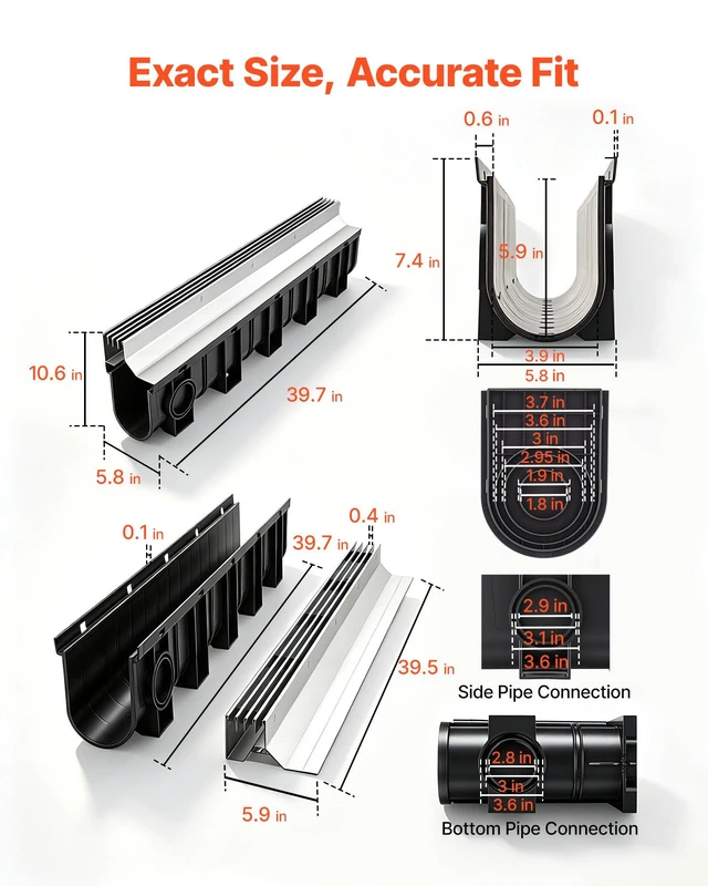 Alt view image 2 of 8 - VEVOR Trench Drain, 39.7 x 5.8 x 7.4 in, 3 Pack Linear Drainage Channel with Stainless Steel Grate, HDPE Channel Drain, Outdoor Drainage System for Driveway, Patio, Pool, Garden, Black & Silver