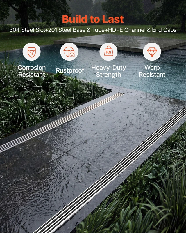 Alt view image 4 of 8 - VEVOR Trench Drain, 39.7 x 5.8 x 7.4 in, 3 Pack Linear Drainage Channel with Stainless Steel Grate, HDPE Channel Drain, Outdoor Drainage System for Driveway, Patio, Pool, Garden, Black & Silver