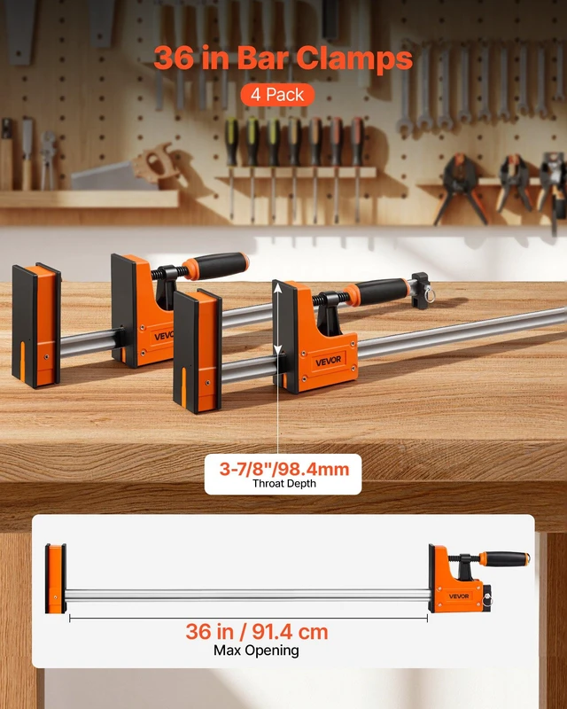 Alt view image 2 of 8 - VEVOR Bar Clamps for Woodworking, 4-Pack, 36" Opening F Clamps, 1500 lbs Load Limit, Clamp/Spreader 2 Modes, Soft Rubber Pads, Ergonomic Handle, Carbon Steel Bar, for Wood Working and Metal Working