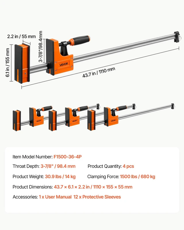 Alt view image 7 of 8 - VEVOR Bar Clamps for Woodworking, 4-Pack, 36" Opening F Clamps, 1500 lbs Load Limit, Clamp/Spreader 2 Modes, Soft Rubber Pads, Ergonomic Handle, Carbon Steel Bar, for Wood Working and Metal Working