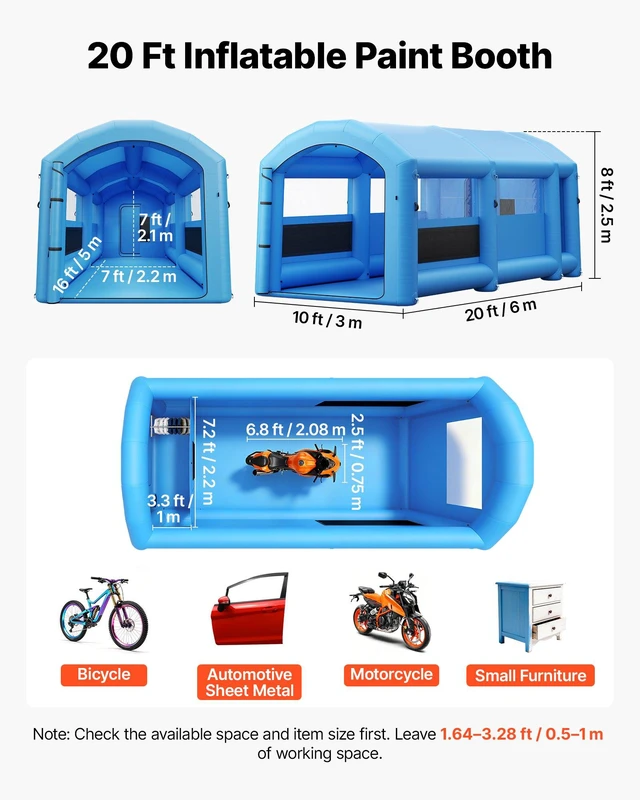Alt view image 2 of 8 - VEVOR Inflatable Paint Booth, 20 x 10 x 8 ft, Portable Spray Booth with 480W+750W Blowers, Large Filter Cotton, Changing Area, Arched Roof Painting Tent for Bike, Motorcycle, and Furniture, Blue
