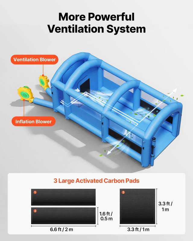 Alt view image 3 of 8 - VEVOR Inflatable Paint Booth, 20 x 10 x 8 ft, Portable Spray Booth with 480W+750W Blowers, Large Filter Cotton, Changing Area, Arched Roof Painting Tent for Bike, Motorcycle, and Furniture, Blue
