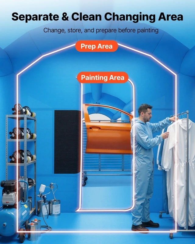 Alt view image 4 of 8 - VEVOR Inflatable Paint Booth, 20 x 10 x 8 ft, Portable Spray Booth with 480W+750W Blowers, Large Filter Cotton, Changing Area, Arched Roof Painting Tent for Bike, Motorcycle, and Furniture, Blue