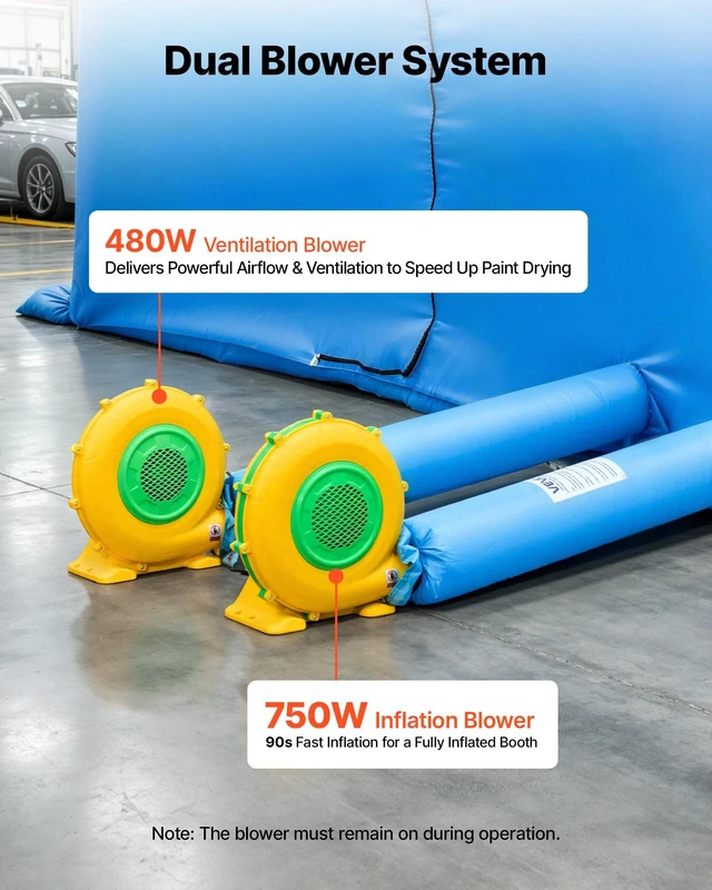 Alt view image 5 of 8 - VEVOR Inflatable Paint Booth, 20 x 10 x 8 ft, Portable Spray Booth with 480W+750W Blowers, Large Filter Cotton, Changing Area, Arched Roof Painting Tent for Bike, Motorcycle, and Furniture, Blue
