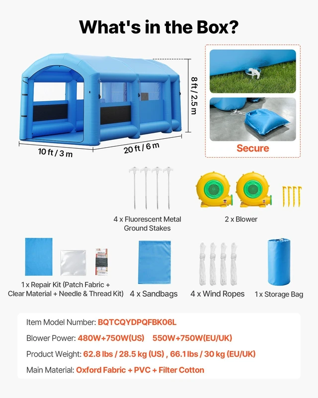 Alt view image 7 of 8 - VEVOR Inflatable Paint Booth, 20 x 10 x 8 ft, Portable Spray Booth with 480W+750W Blowers, Large Filter Cotton, Changing Area, Arched Roof Painting Tent for Bike, Motorcycle, and Furniture, Blue