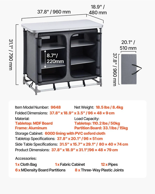 Alt view image 7 of 8 - VEVOR Camping Storage Cabinet, Outdoor Portable Aluminum Lightweight Table, Quick Set-up Compact Kitchen Cook Station, with 6 Shelves and Carry Bag, for Picnic, BBQ, Party, Camping, RV Traveling