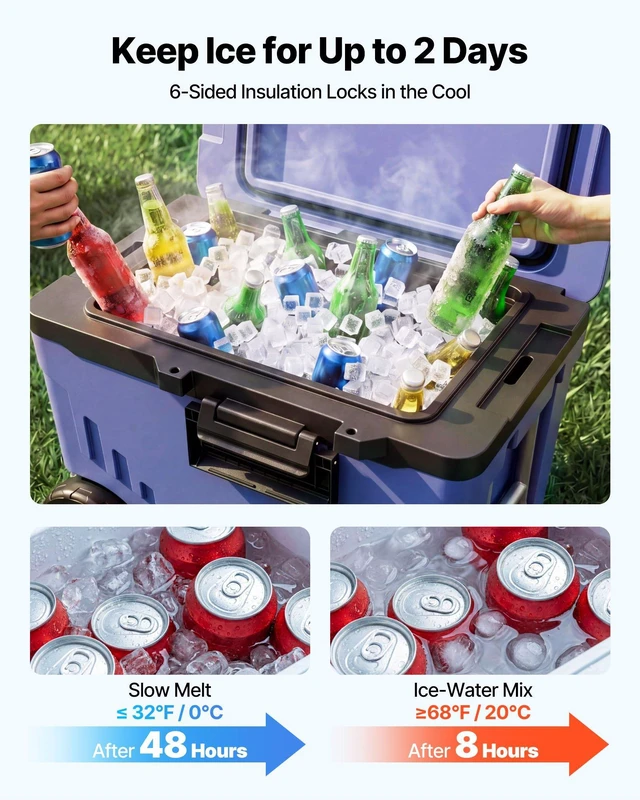 Alt view image 4 of 7 - VEVOR Hard Cooler, 45QT Portable Rolling Cooler with Wheels, Leak-Resistant Coolbox Keeps Contents Cool for 48 Hours, Ice Retention Insulated Chests, Ultra-Light for Outdoor Picnics, Grill, Camping