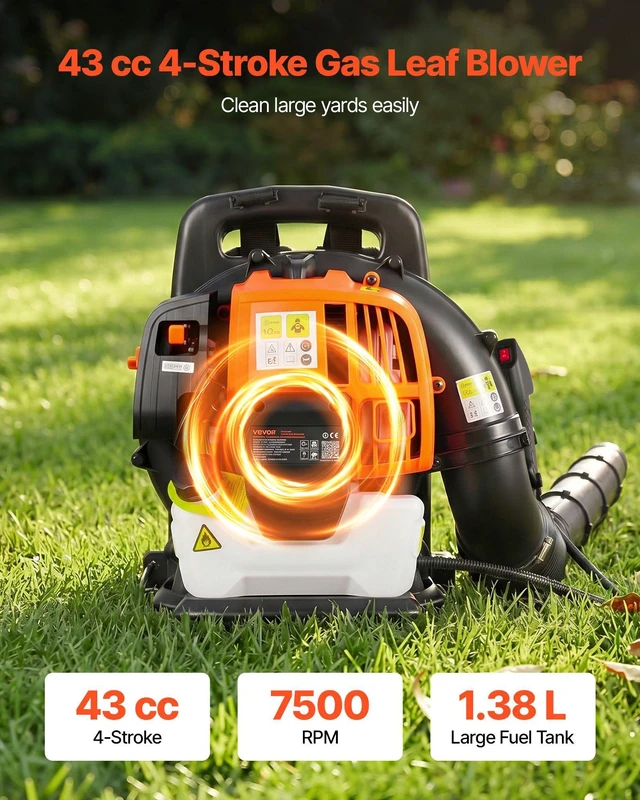Alt view image 2 of 8 - VEVOR Backpack Leaf Blower, 43CC 2-Stroke Engine Gas Powered Leaf Blower with 1.38L Fuel Tank, 447 CFM Air Volume, 150 MPH Air Speed, Ideal for Lawn Care, Leaves Cleaning, Yard Debris & Snow Removal