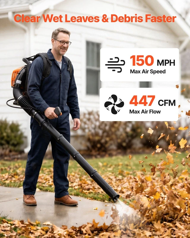 Alt view image 3 of 8 - VEVOR Backpack Leaf Blower, 43CC 2-Stroke Engine Gas Powered Leaf Blower with 1.38L Fuel Tank, 447 CFM Air Volume, 150 MPH Air Speed, Ideal for Lawn Care, Leaves Cleaning, Yard Debris & Snow Removal