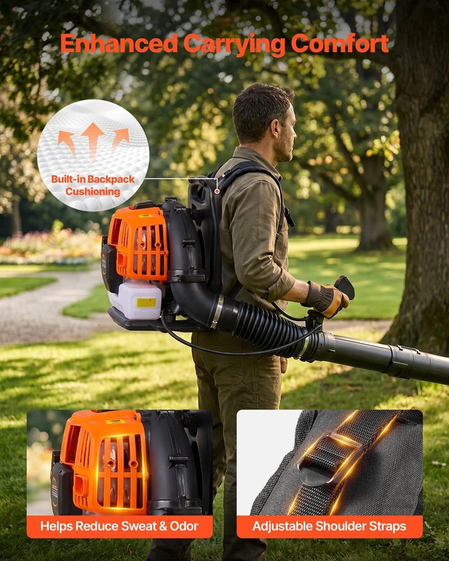 Alt view image 7 of 8 - VEVOR Backpack Leaf Blower, 43CC 2-Stroke Engine Gas Powered Leaf Blower with 1.38L Fuel Tank, 447 CFM Air Volume, 150 MPH Air Speed, Ideal for Lawn Care, Leaves Cleaning, Yard Debris & Snow Removal