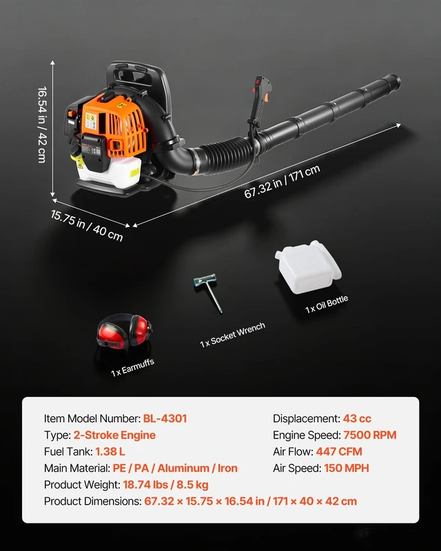 Alt view image 6 of 8 - VEVOR Backpack Leaf Blower, 43CC 2-Stroke Engine Gas Powered Leaf Blower with 1.38L Fuel Tank, 447 CFM Air Volume, 150 MPH Air Speed, Ideal for Lawn Care, Leaves Cleaning, Yard Debris & Snow Removal