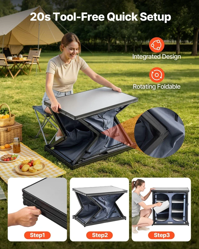 Alt view image 3 of 8 - VEVOR Folding Camping Storage Cabinet, Outdoor Portable Aluminum Lightweight Table, Quick Set-up Compact Kitchen Cook Station, with 6 Shelves and Carry Bag, for Picnic, BBQ, Camping, RV Traveling