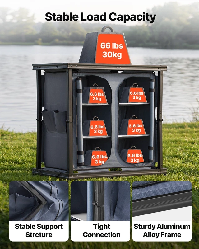 Alt view image 4 of 8 - VEVOR Folding Camping Storage Cabinet, Outdoor Portable Aluminum Lightweight Table, Quick Set-up Compact Kitchen Cook Station, with 6 Shelves and Carry Bag, for Picnic, BBQ, Camping, RV Traveling