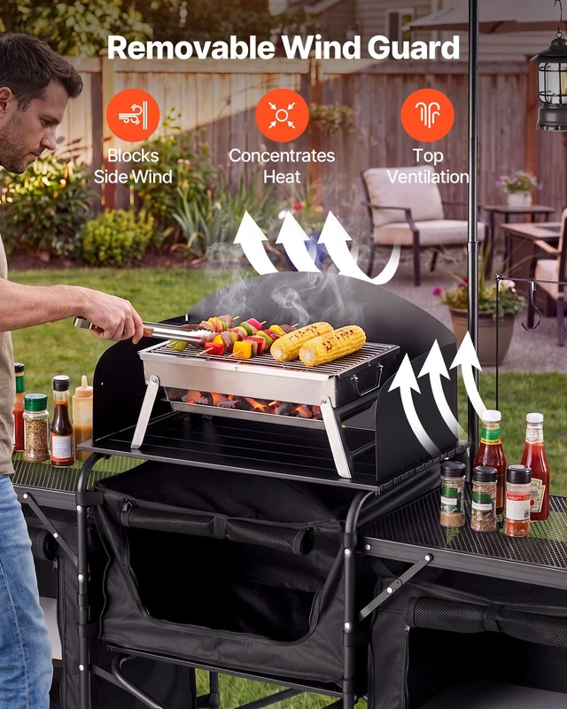 Alt view image 3 of 8 - VEVOR Folding Camping Table, Outdoor Portable Table, Quick Set-up Kitchen Cook Station, with Storage Organizer, Telescoping Legs, a Detachable Windscreen, Carrying Bag, for Picnic BBQ RV Traveling