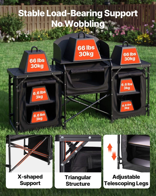 Alt view image 5 of 8 - VEVOR Folding Camping Table, Outdoor Portable Table, Quick Set-up Kitchen Cook Station, with Storage Organizer, Telescoping Legs, a Detachable Windscreen, Carrying Bag, for Picnic BBQ RV Traveling