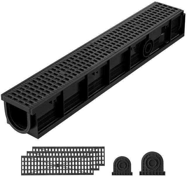 Main image of VEVOR Trench Drain, 40.2 x 6.6 x 5.5 in, 3 Pack Linear Drainage Channel, HDPE Channel Drain with Grates & End Caps, Premium Outdoor Drainage System for Driveway, Patio, Pool, Garden, Yard, Black