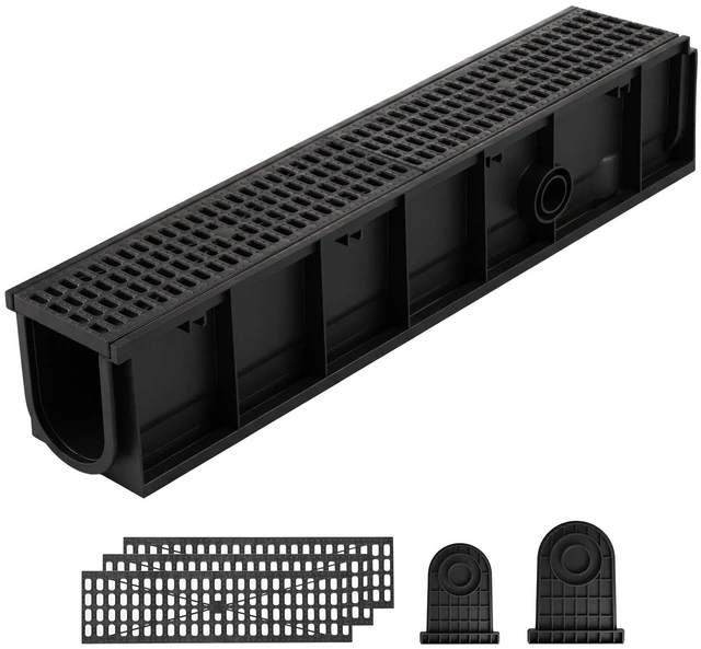 Main image of VEVOR Trench Drain, 40.1 x 6.1 x 8.0 in, 4 Pack Linear Drainage Channel, HDPE Channel Drain with Grates & End Caps, Premium Outdoor Drainage System for Driveway, Patio, Pool, Garden, Yard, Black
