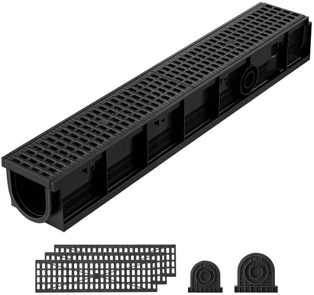 Main image of VEVOR Trench Drain, 40.2 x 6.6 x 5.5 in, 6 Pack Linear Drainage Channel, HDPE Channel Drain with Grates & End Caps, Premium Outdoor Drainage System for Driveway, Patio, Pool, Garden, Yard, Black